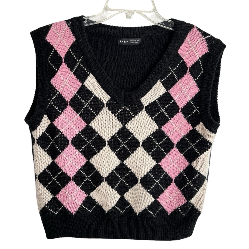 Shein Sweater Vest Argyle V Neck Womens Medium Black Pink White Academia Preppy